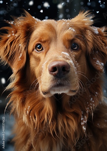 Red Golden Retriever mix with snow on her muzzle framed with head slightly right and filling half of image stares left waiting for the throw of a ball. White chin, mouth slightly open, snow in back. © Ibad