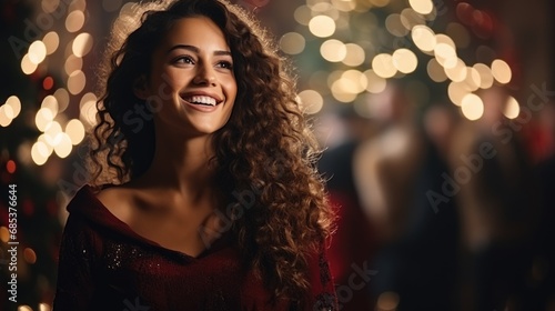 A beautiful woman is smiling happily at New year and Christmas party at night club with friends.