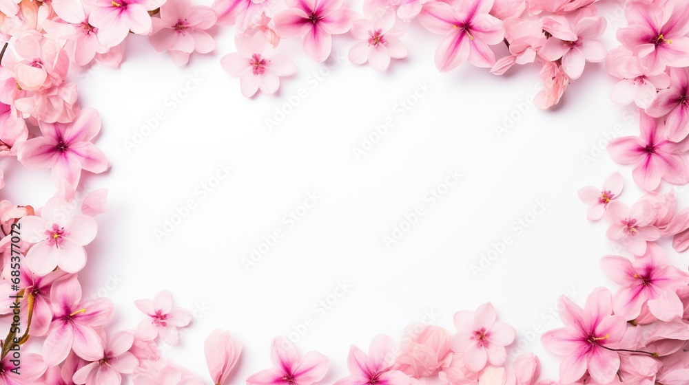 Watercolor pink dried flowers and leaves arranged on a white background, AI generated image