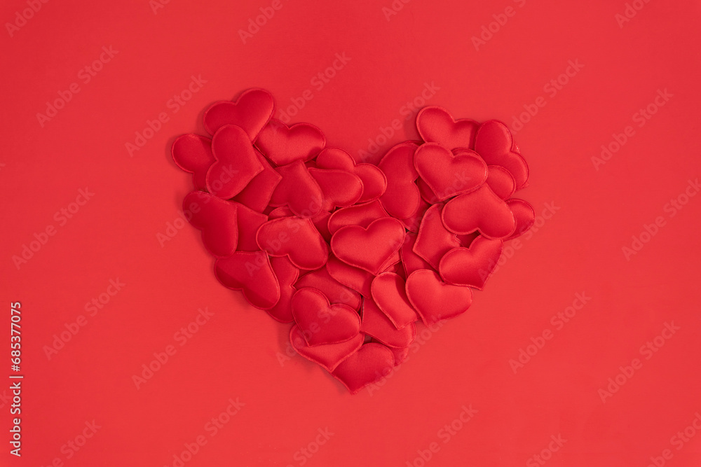 Valentine's Day concept. valentines, red hearts confetti on red background. Flat lay, top view, copy space Valentine's Day concept. valentines, red hearts confetti on red background. Flat lay, top view, copy space