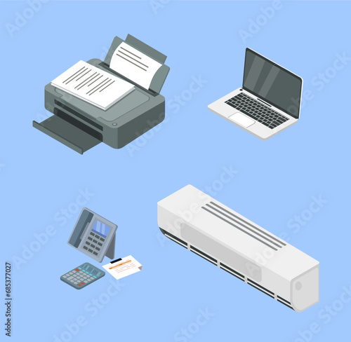 Business office elements set. Laptop and printer, cooling system and phone. Equipment for efficient workflow at workplace. Cartoon isometric vector collection isolated on blue background