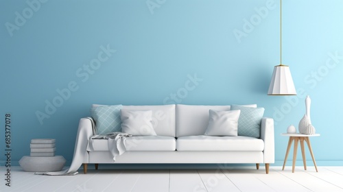 A minimalist white sofa set against a light blue solid color pattern wall.