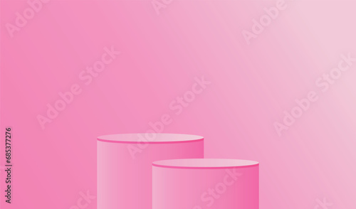 3d pink podiums in pink studio room. Realistic vector 3d cylinder podium pedestal, two stages with horizontal shape background, eps 10.	 photo