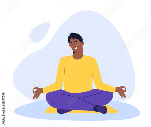 Sport person concept. Active lifestyle and training, workout. Man practice yoga. Young guy in lotus position. Template and layout. Cartoon flat vector illustration isolated on white background