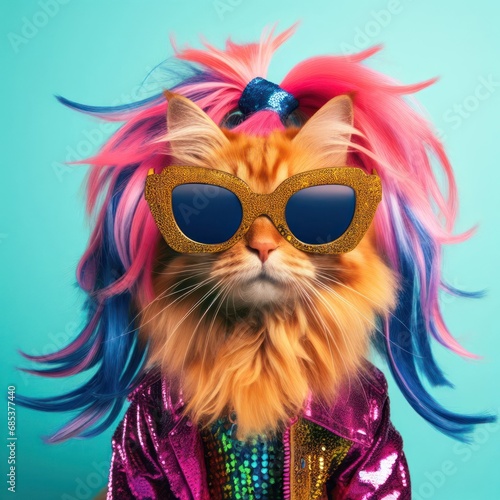 Studio photo portrait of a flamboyant cat boldly dressed in bright colored clothes