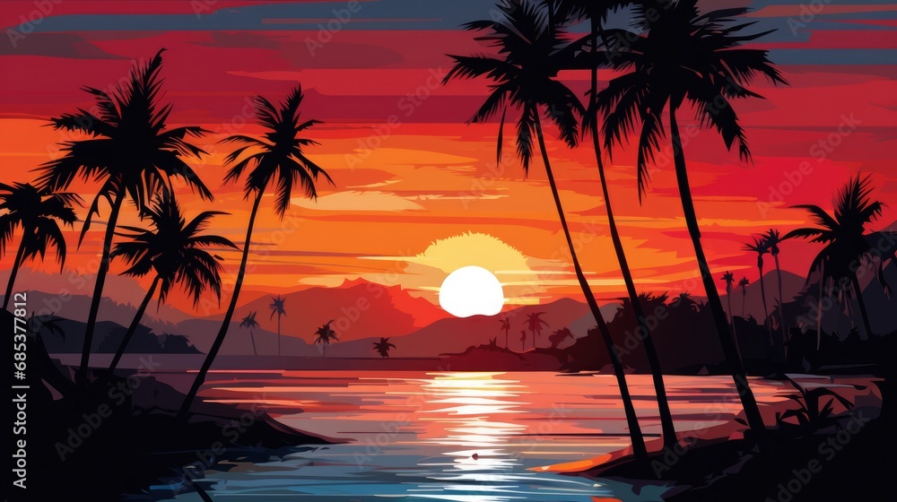 Beautiful sunset on an exotic island. Vacation in a warm country by the sea. Concept of travel agencies