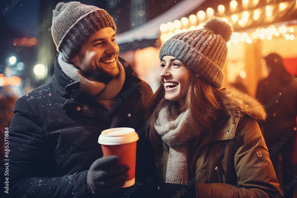pareja de hombre y mujer jovenes sonrientes tomando un café en un mercado navideño durante la noche