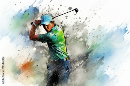 Delicate Golf player watercolor. Club summer flag. Generate Ai
