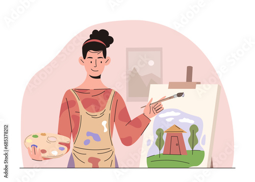 Everyday life of girl concept. Woman with palette and brush near canvas. Creativity and art. Artist in workshop. Poster or banner. Cartoon flat vector illustration isolated on white background