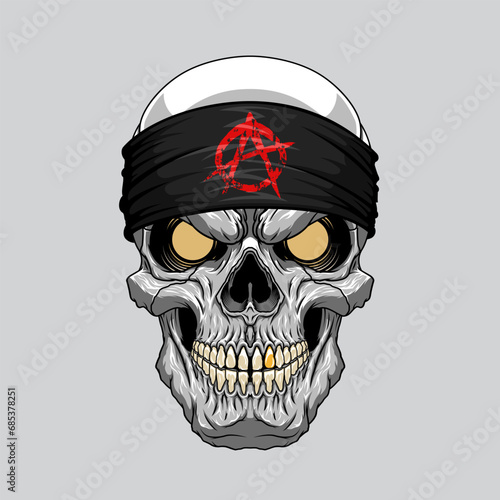 A sinister skull wearing a black bandanna with a red anarchy sign. The skull of a man in a bandana. Vector illustration with high detail.