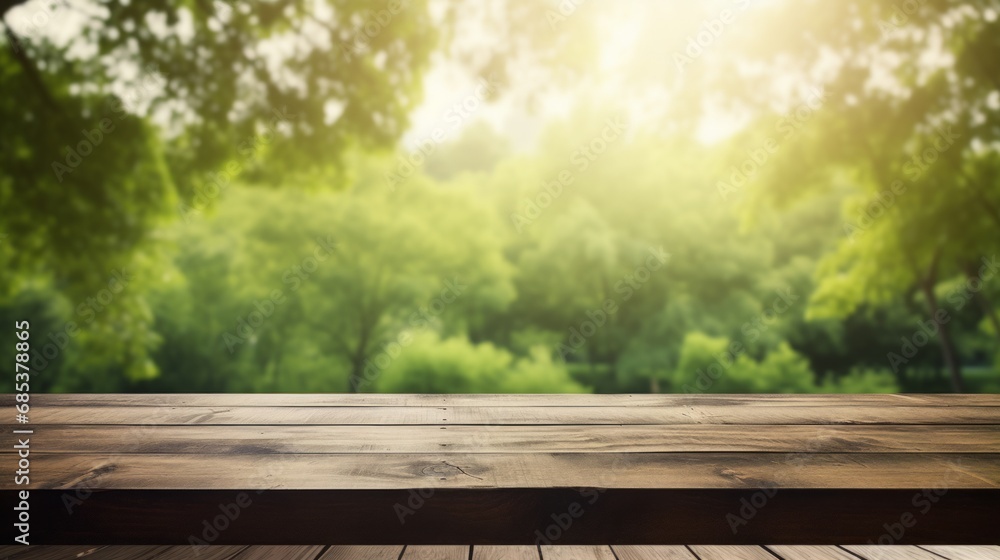 Empty wooden table with green nature background, copy space, 16:9 Empty wooden table with green nature background, copy space, 16:9