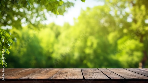 Empty wooden table with green nature background, copy space, 16:9