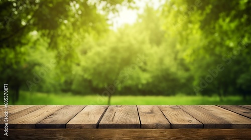 Empty wooden table with green nature background  copy space  16 9