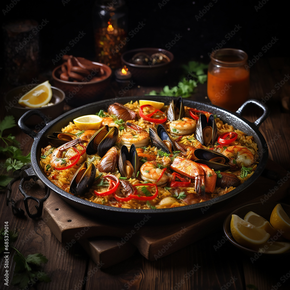 A classic Spanish paella served in a traditional paellera pan. A classic Spanish paella served in a traditional paellera pan.
