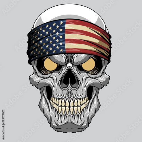 Evil skull in a bandana. Bandana in the style of the American flag. Highly detailed vector illustration.