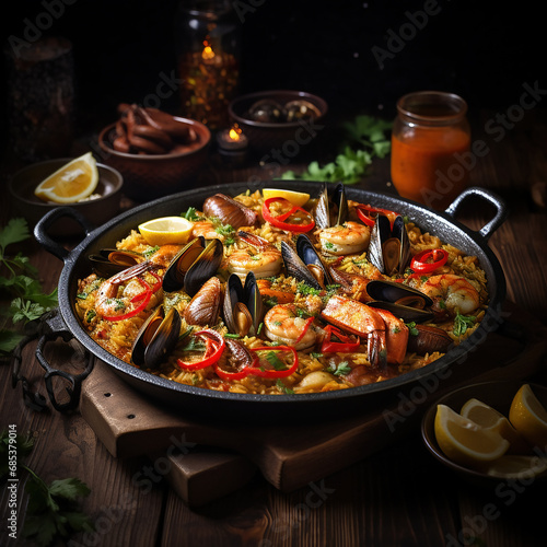 A classic Spanish paella served in a traditional paellera pan.