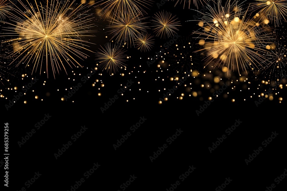 Obraz premium Black New Years banner with golden fireworks and room for copy. 