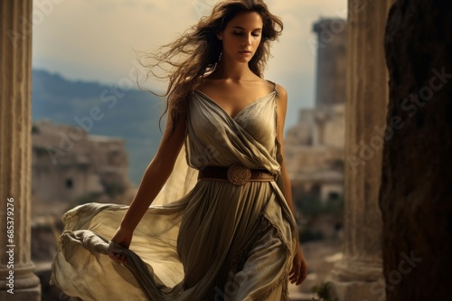 Artistic Woman ancient greek city. Rome old history. Generate Ai