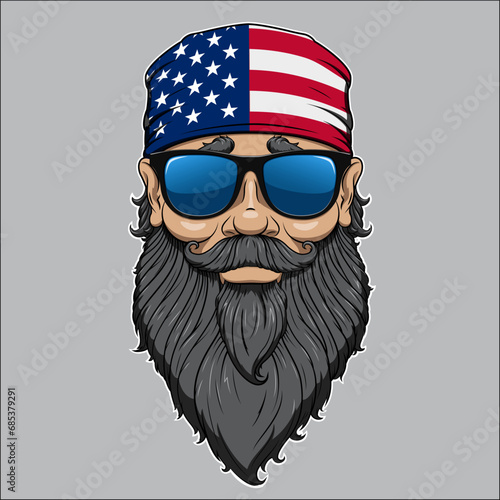 A bearded man in a bandana with an American flag. The biker is in a bandana. American biker. Vector illustration