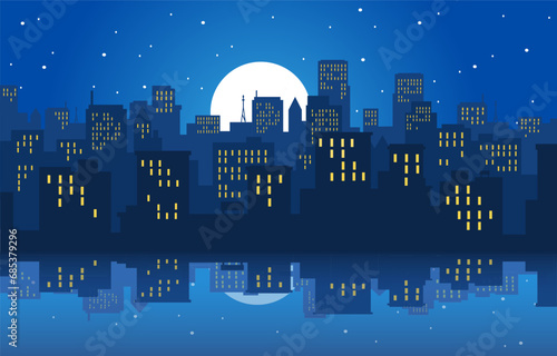 Night city panorama. Cityscape at moonlight with stars at sky. Skyscrapers and high rise modern buldings. Urban architecture at evening near river. Cartoon flat vector illustration