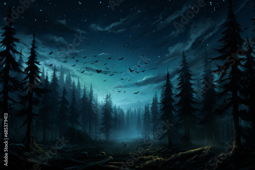 Gloomy night landscape of a coniferous forest illuminated by the moon