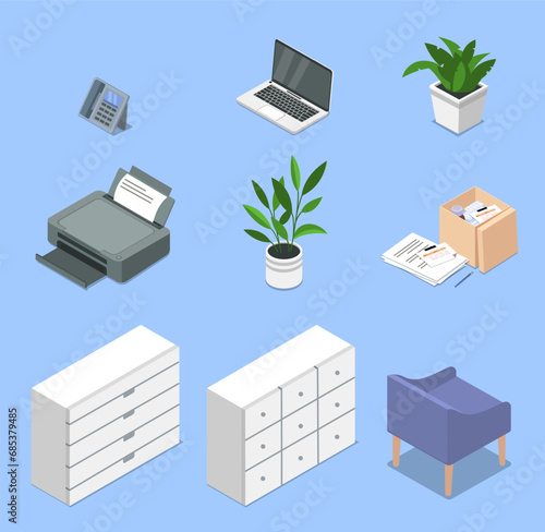 Office equipment set. Printer and laptop, phone, Flowerpot with plant and white desks, blue armchair. Equipment for workplace. Cartoon isometric vector collection isolated on blue background