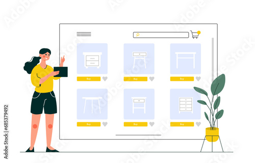 Online flea market concept. Woman with tablet. Customer buys goods on internet. Home delivery and electronic commerce. Cartoon flat vector illustration isolated on white background