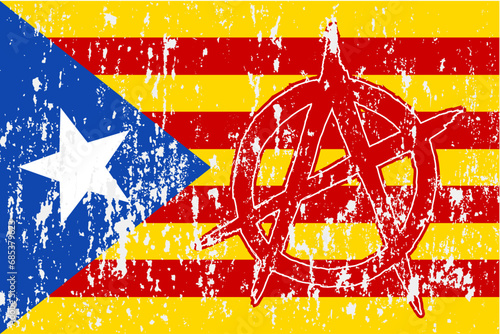 Grunge flag of Catalonia with a sign of anarchy. Vector illustration