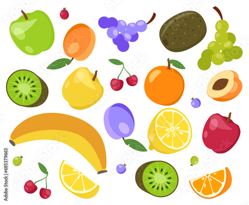 Fototapeta Naklejka Na Ścianę i Meble -  Set of fruits. Natural and prganic products, healthy eating. Kiwi and banana, grape and apple. Vegetarian diet with vitamins. Cartoon flat vector collection isolated on white background