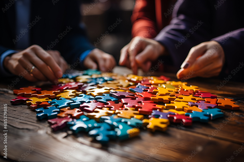 Diverse corporate officer workers collaborate in office, connecting puzzle pieces to represent partnership and teamwork. Unity and synergy in business concept by merging jigsaw puzzle. Concord - obrazy, fototapety, plakaty 