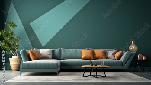 A sectional sofa with geometric patterns against a muted teal solid color pattern wall.