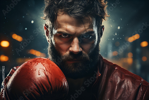 A powerful image of a professional boxer delivering a knockout punch in a championship bout, capturing the intensity and physicality of combat sports photo