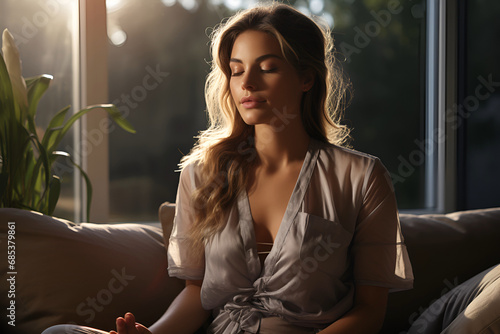 Healthy serene youong woman meditating at home