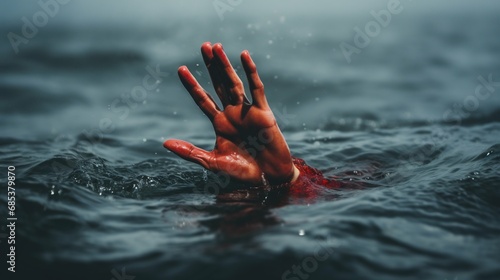 Struggle for Survival: Hand Emerging from Water. Generative ai photo