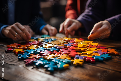 Diverse corporate officer workers collaborate in office, connecting puzzle pieces to represent partnership and teamwork. Unity and synergy in business concept by merging jigsaw puzzle. Concord photo