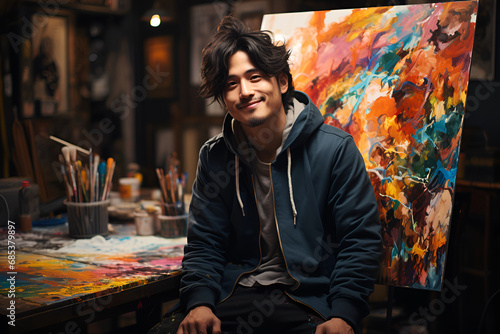 A talented young Asian queer artist focuses on painting his picture on a canvas easel