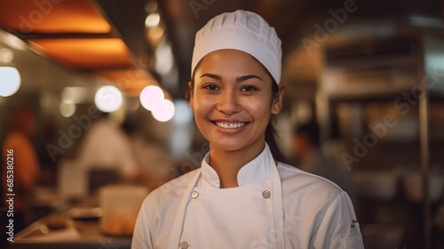 Beautiful chef wearing white cooking hat and apron standing smiling