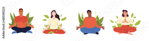 Set of tranquil people. Men and women in lotus position. Yoga and stretching, active lifestyle. Mindfulness and calmness. Cartoon flat vector collection isolated on white background