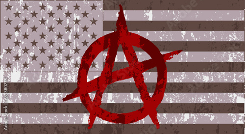 Grunge flag of USA with sign anarchy. Vector image