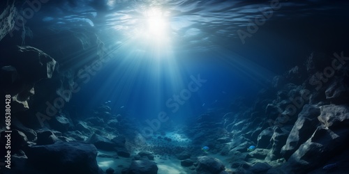 Beneath the ocean's surface illuminated by sunlight.