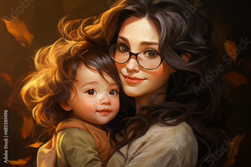 Drawing of a woman with glasses hugging a small child