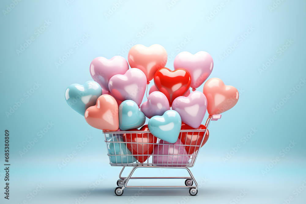 Shopping cart background with heart shaped balloons. E-commerce. Mother's Day and Valentine's concept. Romantic background.