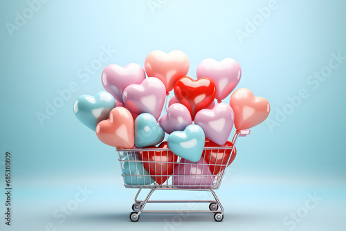 Obraz na płótnie Shopping cart background with heart shaped balloons. E-commerce. Mother's Day and Valentine's concept. Romantic background. w salonie