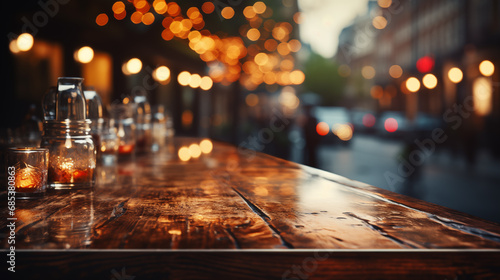 Empty wooden table and blurred background of street cafe with bokeh lights