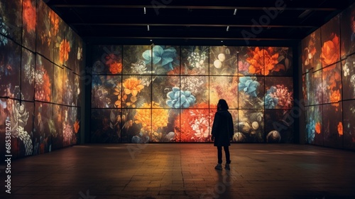 A wall covered in digital art projections that transition seamlessly between different patterns and themes. © Fahad