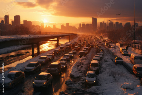 Traffic jams in Christmastime with many snow