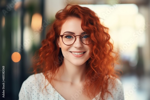 Close-up portrait of cheerful curly ginger woman in glasses on blur bokeh background. Photo of fashionable girl with beautiful red hair to camera