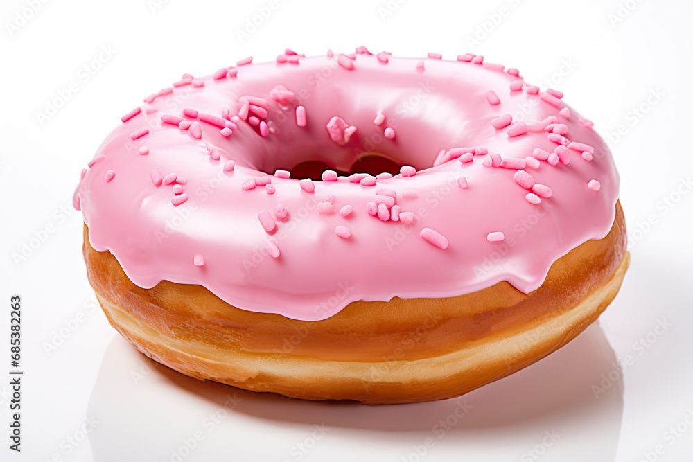 Pink donut with sprinkles on white background Pink donut with sprinkles on white background