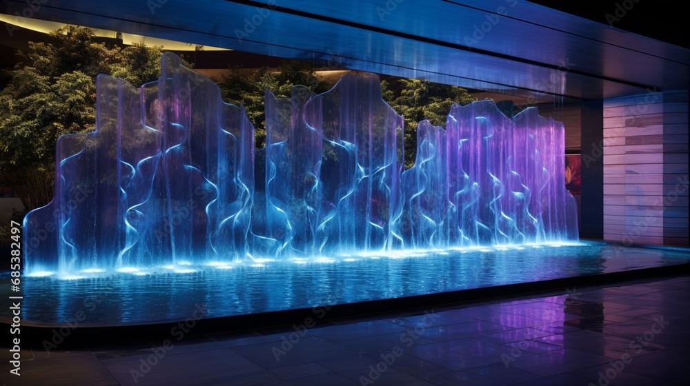 A water feature with cascading patterns on a glass wall, illuminated by vibrant LED lights.