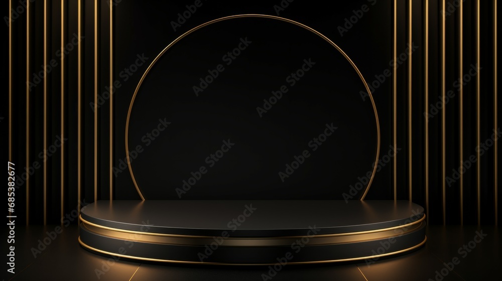 Black background and product podium stand with gold ring at bottom Black background and product podium stand with gold ring at bottom